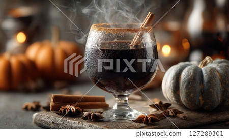 Warm Spiced Cocktail with Pumpkins and Cinnamon Sticks 127289301