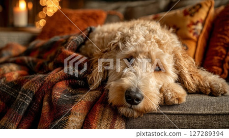 Fluffy Dog Sleeping on a Couch with a Plaid Blanket 127289394