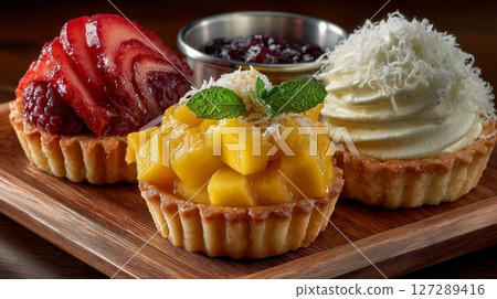 Three Mini Fruit Tarts on Wooden Board 127289416