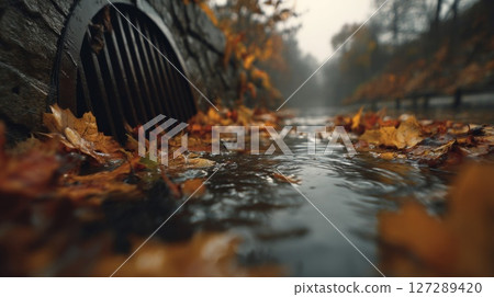 Autumn Leaves Flowing Into Drain in City Street Autumn Leaves Flowing Into Drain in City Street 127289420