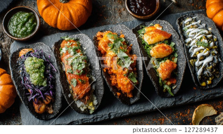 Assorted Gourmet Tacos with Pumpkin Decor on Dark Stone 127289437