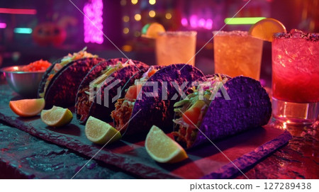 Purple Tacos and Cocktails in a Vibrant Night Setting 127289438