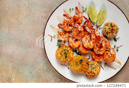 tiger prawns on skewers, shrimp kebab, with corn, fried, homemade, no people, 127289471