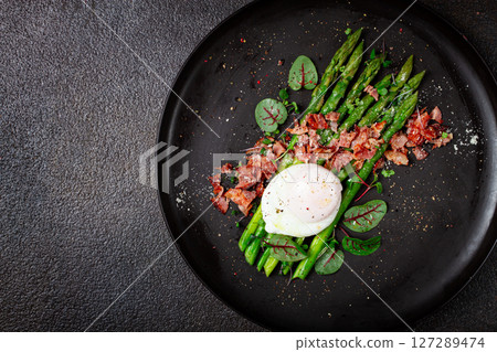 asparagus with poached egg and fried bacon, micro greens and spices, breakfast, homemade, no people, 127289474