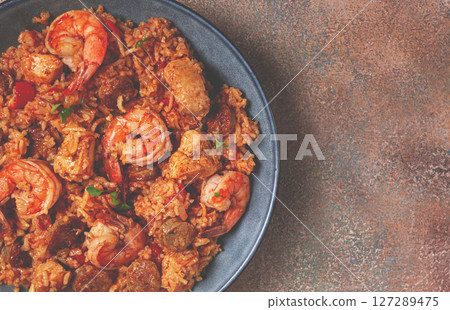 Jambalaya, Creole dish, American pilaf, rice with chicken and shrimp, vegetables, homemade, no people, 127289475