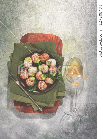 grape snails stuffed with butter and herbs, top view, glass of wine, French cuisine, no people, grape snails stuffed with butter and herbs, top view, glass of wine, French cuisine, no people, 127289479