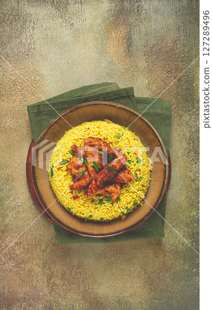 crispy chicken fillet in soy sauce, with fried rice, homemade, no people, 127289496