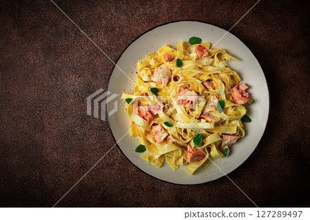 tagliatelle pasta, in cream sauce with salmon, homemade, no people, tagliatelle pasta, in cream sauce with salmon, homemade, no people, 127289497