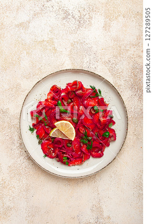 Salmon gravlax with beetroot, Scandinavian snack, beet gravlax, lightly salted fish, homemade, no people, 127289505