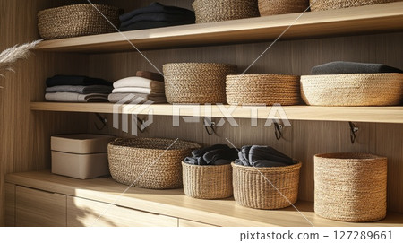 Woven Baskets and Folded Clothes Organized on Wooden Shelves 127289661
