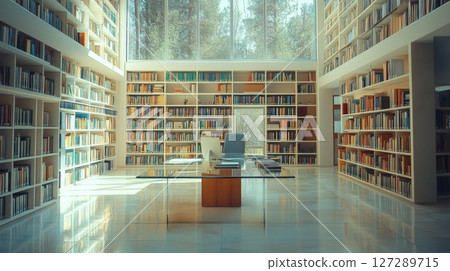 A Modern Library with a Glass Table and a Single Chair 127289715