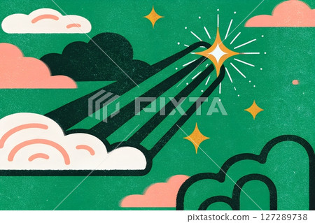 Illustration, modern style, showing stars shining amidst clouds and green sky, conveying inspiration, creativity, hope, positive energy, design, media that needs freshness. Illustration, modern style, showing stars shining amidst clouds and green sky, conveying inspiration, creativity, hope, positive energy, design, media that needs freshness. 127289738