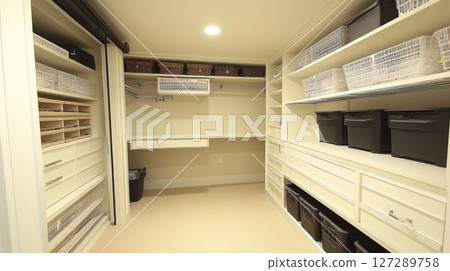 White Closet with Baskets, Drawers, and Storage Bins 127289758
