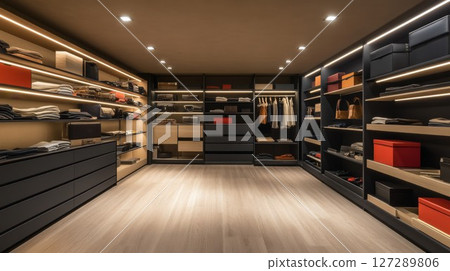 Modern Walk-in Closet with Black and Wood Shelving and Drawers 127289806
