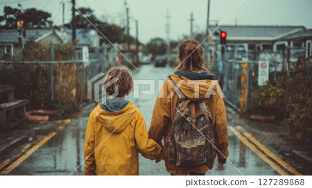 Child and Mother Holding Hands Walking in Rain 127289868