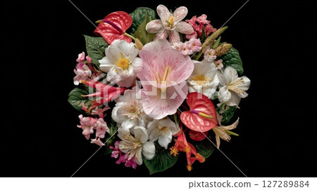 Vibrant Pink White Red Flower Bouquet on Black Background 127289884