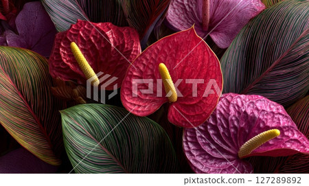 Vibrant Red Pink Anthurium Flowers Close Up 127289892