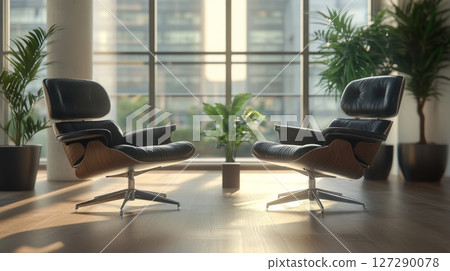 Two Black Leather Chairs Facing Each Other in a Modern Room 127290078