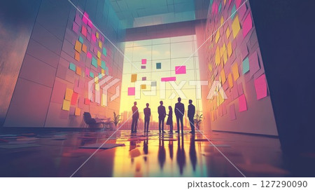 Silhouettes of People Brainstorming with Sticky Notes on Walls 127290090