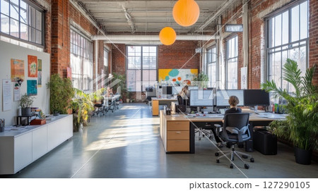 Modern Office Space with Brick Walls, Large Windows, and Plants 127290105