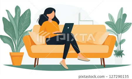 Woman Sitting on a Sofa Working on a Laptop 127290135