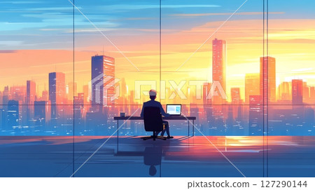 Man Working at Desk with City Skyline View at Sunset Man Working at Desk with City Skyline View at Sunset 127290144