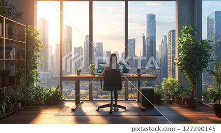 Woman Working at Desk with City Skyline View Woman Working at Desk with City Skyline View 127290145