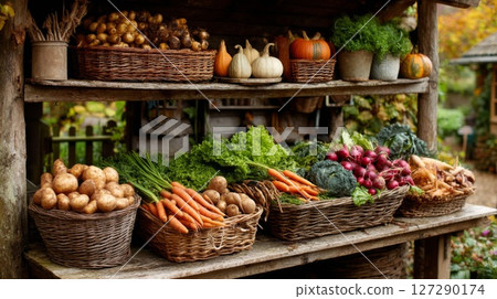 Autumn Harvest Vegetables Displayed on Rustic Wooden Shelf 127290174