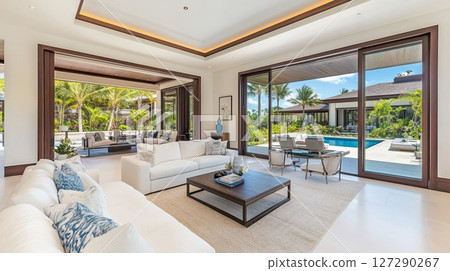 Modern Living Room with Large Windows Overlooking a Tropical Pool and Landscape Modern Living Room with Large Windows Overlooking a Tropical Pool and Landscape 127290267