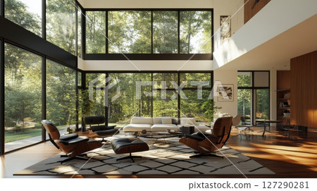 Modern Living Room with Floor-to-Ceiling Windows Overlooking a Wooded Landscape Modern Living Room with Floor-to-Ceiling Windows Overlooking a Wooded Landscape 127290281