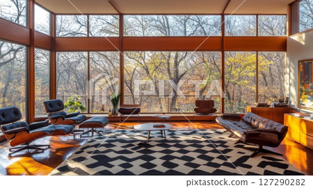 Modern Living Room with Floor-to-Ceiling Windows Overlooking Autumn Trees Modern Living Room with Floor-to-Ceiling Windows Overlooking Autumn Trees 127290282
