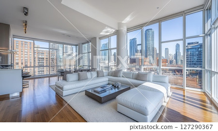 Modern Living Room with City Skyline Views 127290367