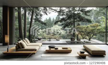 Modern Japanese Living Room with Forest View and Minimalist Furniture 127290406