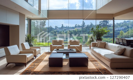 Modern Living Room with Large Windows and View of Green Landscape Modern Living Room with Large Windows and View of Green Landscape 127290407