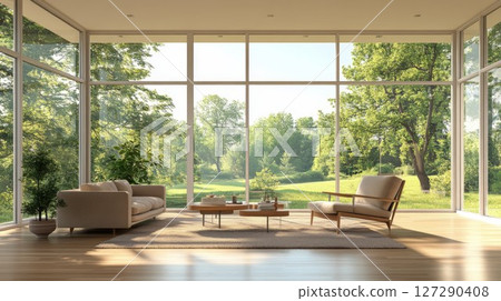 Modern Living Room with Large Windows and a View of a Green Landscape Modern Living Room with Large Windows and a View of a Green Landscape 127290408