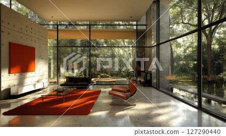 Modern Living Room with Floor-to-Ceiling Windows Overlooking a Lush Forest Modern Living Room with Floor-to-Ceiling Windows Overlooking a Lush Forest 127290440