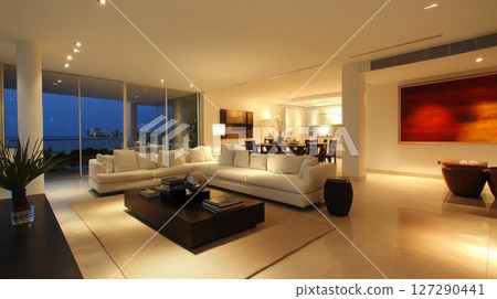Modern Living Room with Ocean View and Contemporary Art Modern Living Room with Ocean View and Contemporary Art 127290441