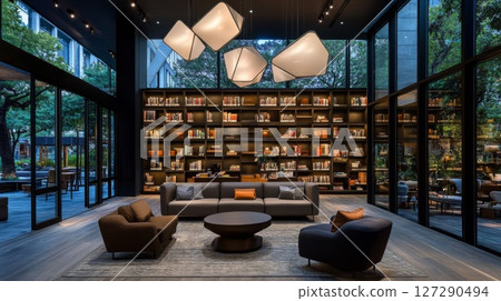 Modern Library Lounge with Large Windows and Geometric Lighting Modern Library Lounge with Large Windows and Geometric Lighting 127290494