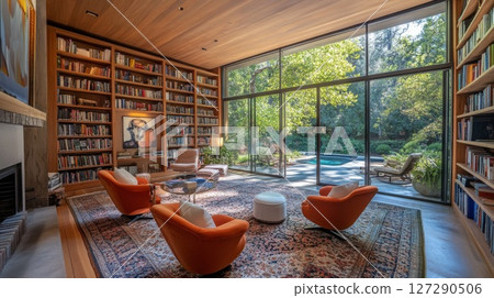Modern Library Room with Large Windows and Patio Access 127290506