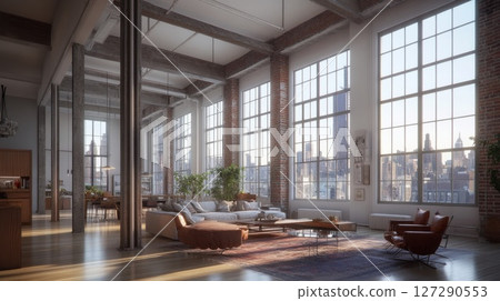 Modern Loft Apartment with City Skyline View Modern Loft Apartment with City Skyline View 127290553