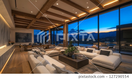 Modern Living Room with Mountain View at Dusk 127290554