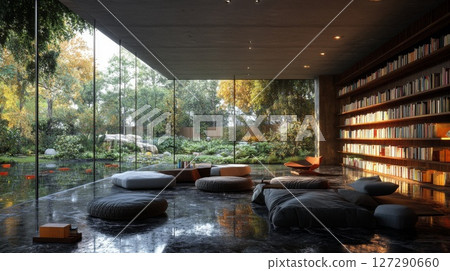 Modern Library with Floor-to-Ceiling Windows Overlooking a Lush Garden 127290660