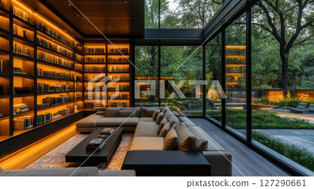 Modern Living Room with Large Windows Overlooking a Lush Garden Modern Living Room with Large Windows Overlooking a Lush Garden 127290661