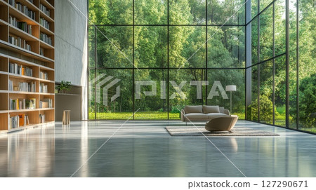 Modern Living Room with Floor-to-Ceiling Windows and a View of a Lush Green Forest Modern Living Room with Floor-to-Ceiling Windows and a View of a Lush Green Forest 127290671