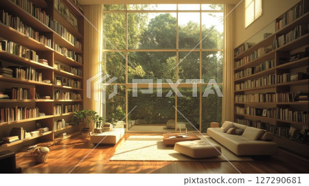 A Modern Living Room with Floor-to-Ceiling Bookshelves and a Large Window Overlooking a Lush Garden 127290681