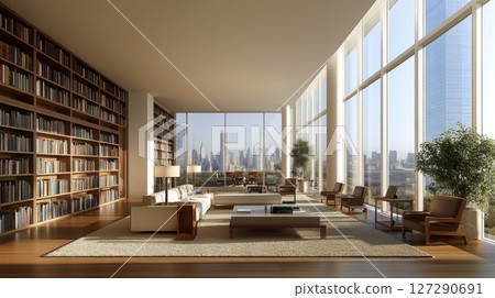Modern Living Room with Floor-to-Ceiling Windows and Cityscape View Modern Living Room with Floor-to-Ceiling Windows and Cityscape View 127290691