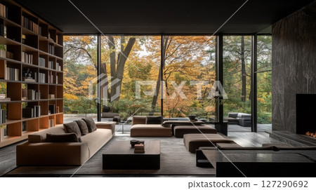 Modern Living Room with Large Windows and Fall Foliage View Modern Living Room with Large Windows and Fall Foliage View 127290692