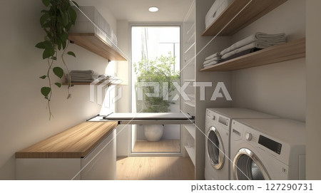 Modern Laundry Room with White Appliances, Wooden Shelves, and a Folding Table 127290731