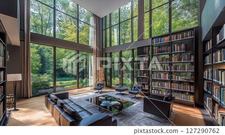 Modern Living Room with Floor-to-Ceiling Windows and Bookshelves 127290762