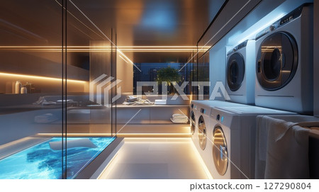 Modern Bathroom and Laundry Room with City View Modern Bathroom and Laundry Room with City View 127290804